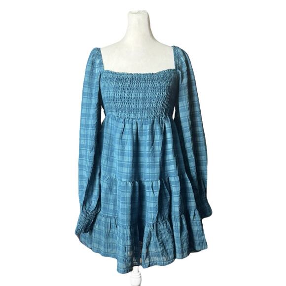 Cottagecore Babydoll UO Sz Small Smocked Plaid Mini Dress Boho Western Cowgirl - Picture 2 of 8